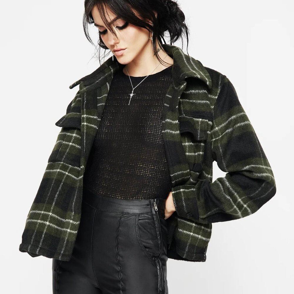 Disturbia Logan Collared Pocket Check Shacket - Green & Black
